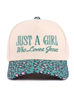 Just a Girl who loves Jesus Leopard Teal and Tan two tone cotton hat